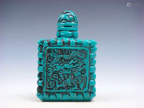 Turquoise Glazed Square Shaped Curly Dragons Carved Snuff Bo...