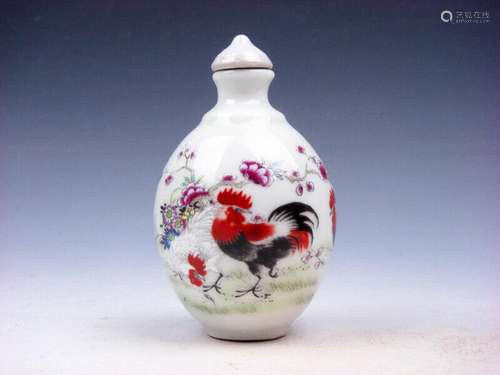 Famille-Rose Glazed Porcelain Snuff Bottle Big Tail Roosters...