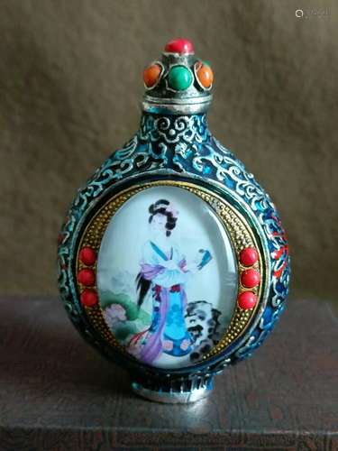 chinese carved snuff bottle beautiful woman enamel Painted g...