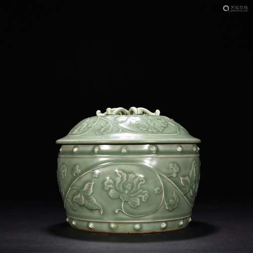 Longquan celadon carved plum green glaze peony flowers lines...