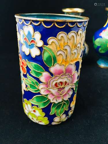 Vintage Cloisonne Enamel Brush Pot Two Vases Bundle