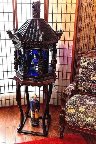 19th C.Antique Chinese Dragon Shrine Octagonal Carved Wood B...