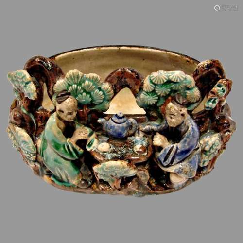 Chinese 2 Seated Mud Men (Mudmen) Drinking Tea Part of Bowl ...