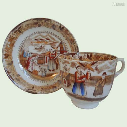 Early 19th Century Chinoiserie Brown Transfer Ware Copper Lu...