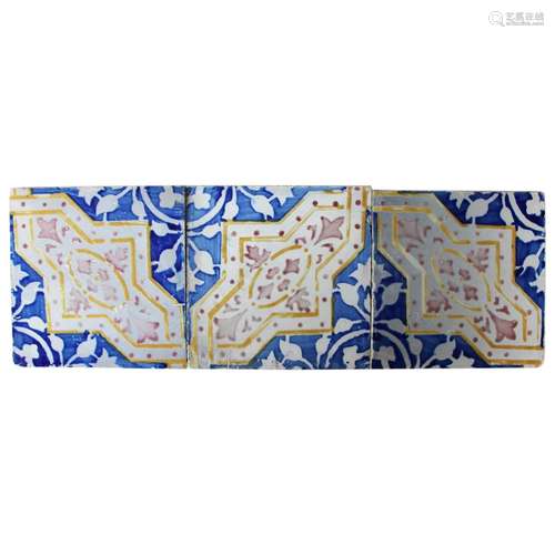 Antique Set of 3 Tiles depicting Leaves and Geometric Forms,...