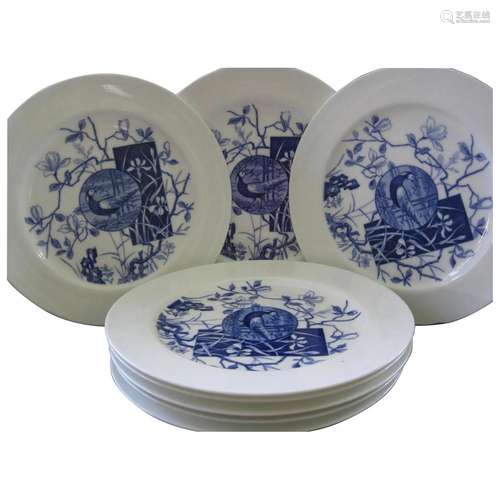 Eight Mintons 10" Plates, Blue Aesthetic Transferware ~...