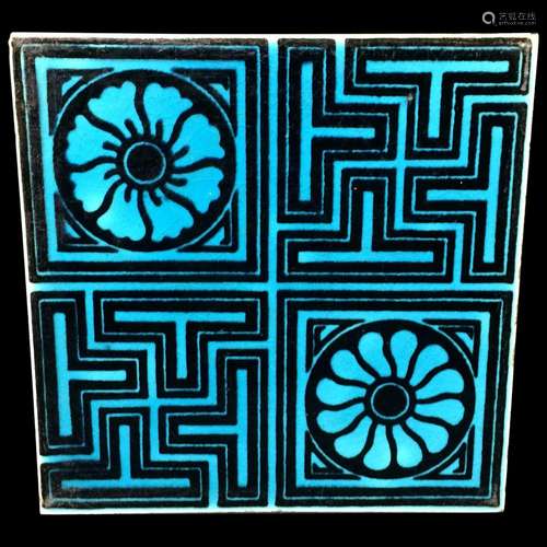 Turquoise Black Transferware Tile Victorian ~ GEOMETRICS 188...