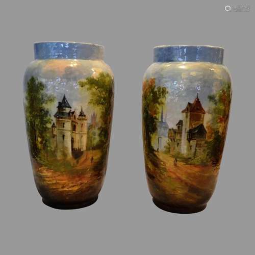 Exquisite Pair of large 12" Faience Vases ~ Barbotine S...