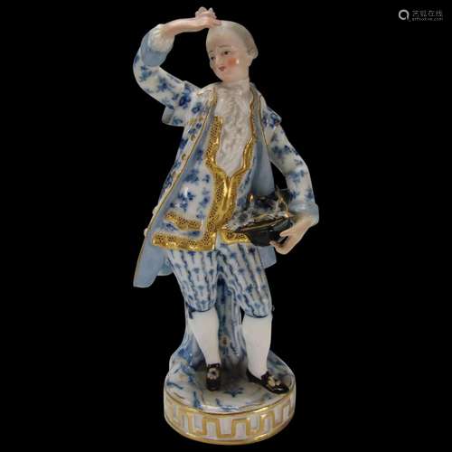 Antique Meissen Man Blue White with Elegant Gold Lace Jacket...