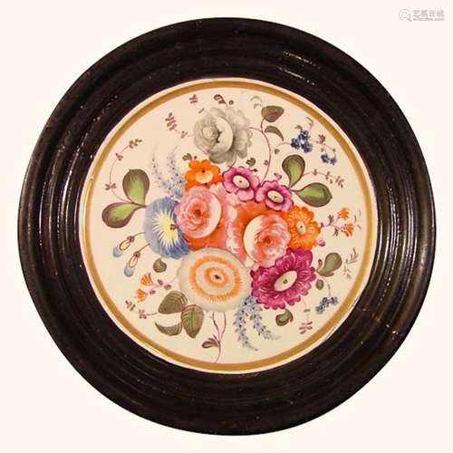 Antique English Porcelain Plaque with Flowers in a Black Fra...