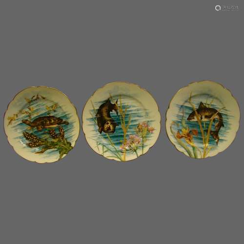 French antique porcelain set of three fish plates turtle