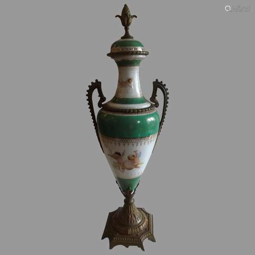 Exquisite Antique Porcelain Urn with Hand Painted Putti Cher...