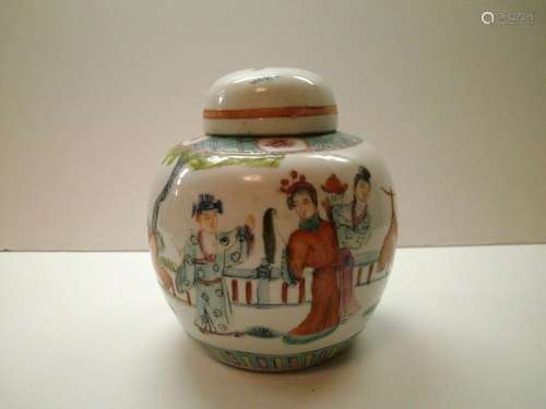 Chinese Covered Jar Figures in Landscape late 19thc-early 20...