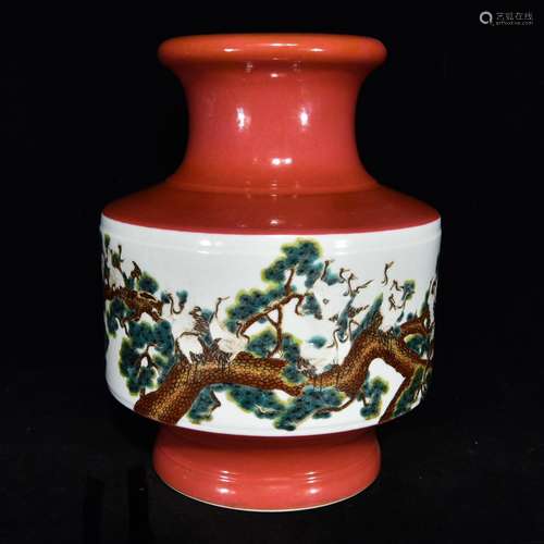 R RenTang carmine enamel pine crane grain bottle, 29.5 x 22....