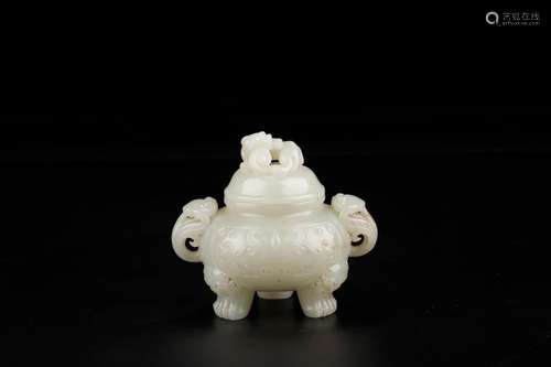 Hetian jade beast ear furnace with three legsSize: 9 wide 11...