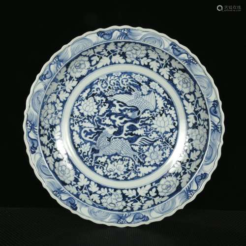 Blue and white flowers kirin phoenix grain ling mouth tray45...