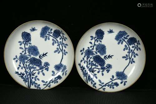 Blue and white gold chrysanthemums pattern plate4.1 cm diame...