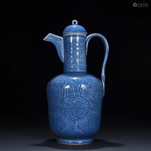 The blue glaze carving peony lines ewer38 * 20 cm