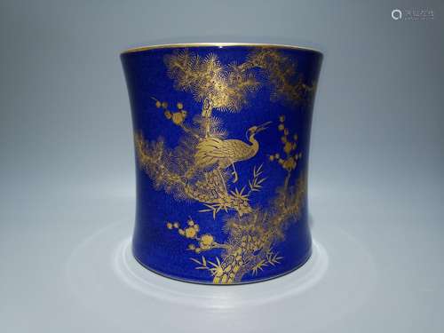 Snow blue paint pine crane with spring brush pot, high: 19.8...