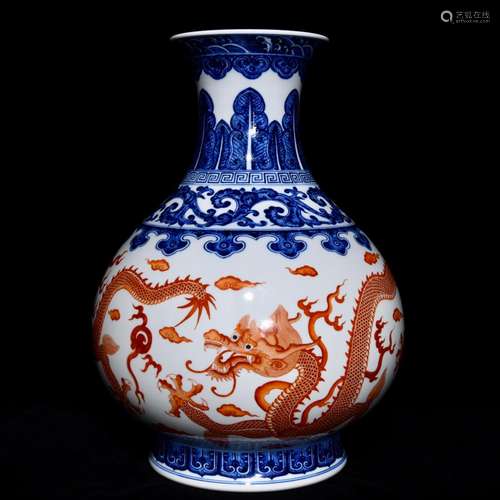 Blue and white alum red dragon grain okho spring bottle, hig...