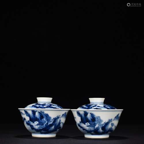 Blue and white landscape character lines cover cup (bowl)8.5...