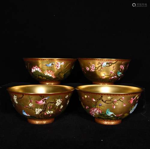 Four seasons of flowers and birds grain gold enamel bowls, 5...