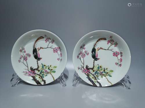 Pastel plum flower bird a wall plate, high: 3.3 cm, diameter...