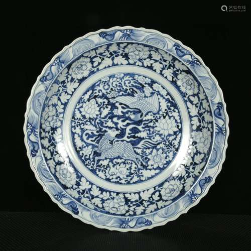 Blue and white flowers kirin phoenix grain ling mouth tray45...