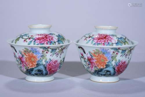 Chrysanthemum flower butterfly tattoo tureen pair, 8.5 cm hi...