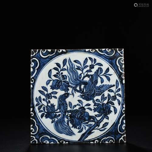 Big blue and white folding branches of flowers and birds gra...