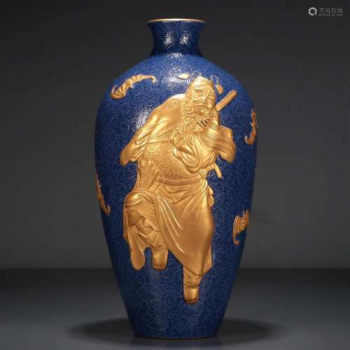 A Precious Blue-Ground Gilded 'Zhong Kui' Vase