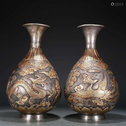 A Marvelous Pair Of Gilt-Bronze Silver 'Dragon, Phoenix,...