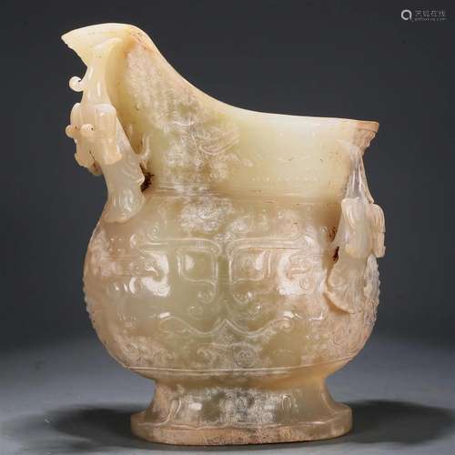 An Archaic White Jade Phoenix-Handled Pot