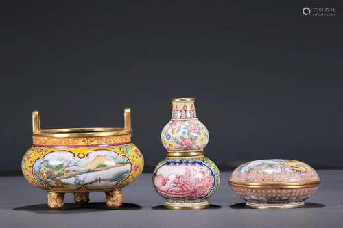 A Superb Set Of Bronze Enameled 'Figure& Landscape&#...