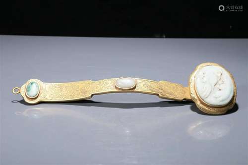 A Precious Gilt-Bronze White Jade-Inlaid 'Auspicious Bea...