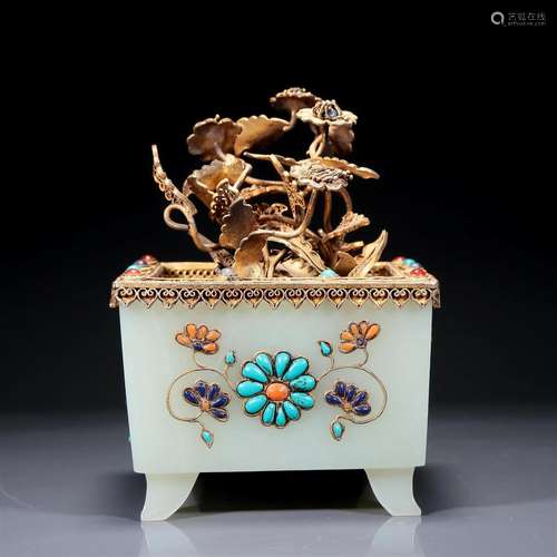 An Excellent White Jade Gilt-Silver-Mounted Gem-Inlaid '...