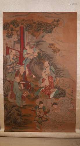 A Lovely Figure of Luohan Silk Scroll Painting By Ding Yunpe...