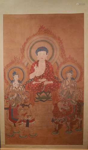 A Fine Figure of Buddha Silk Scroll Painting By Ding Guanpen...