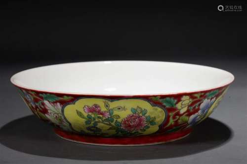 An Enameled Red-Ground 'Scrolling Flower' Dish