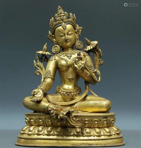 A Wonderful Gilt-Bronze Gem-Inlaid Figure Of Green Tara