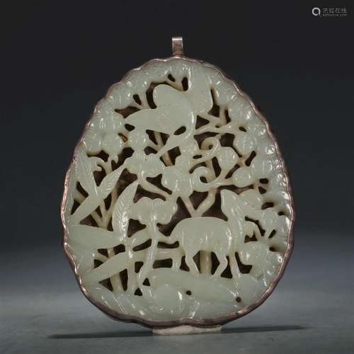 An Exquisite White Jade Silver-Mounted 'Crane& Deer&...