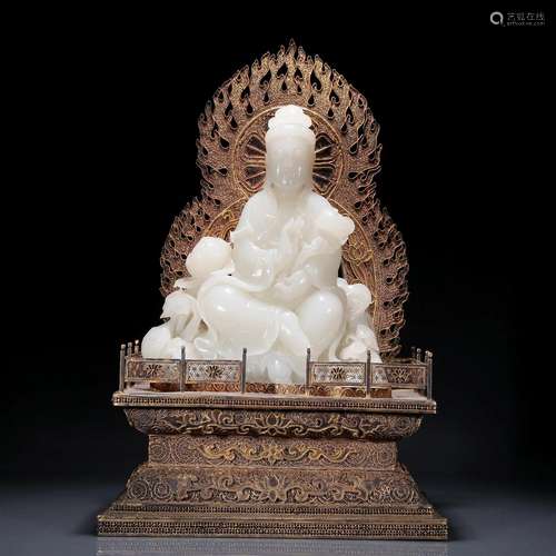 A Fabulous White Jade Figure Of Guanyin With A Gilt-Silver &...