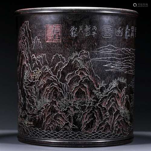 A Wonderful Zitanwood 'Landscape' Brush Pot With Poe...