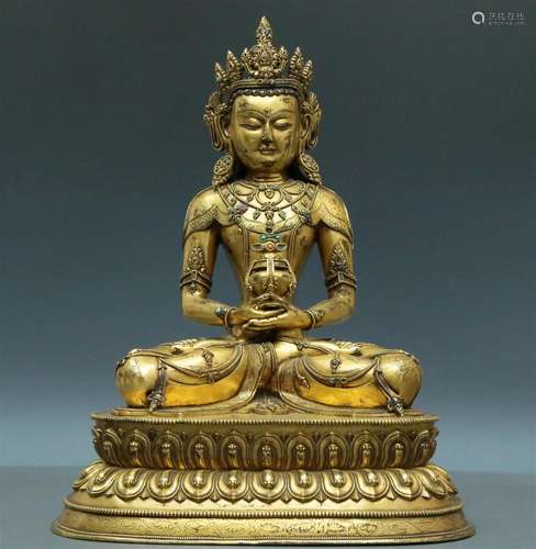 An Archaic Gilt-Bronze Gem-Inlaid Figure Of Amitayus