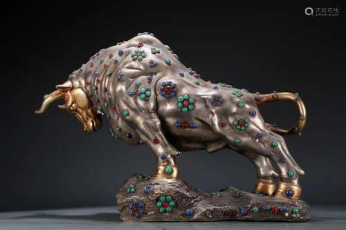 A Superb Gilt-Bronze Silver Gem-Inlaid Buffalo