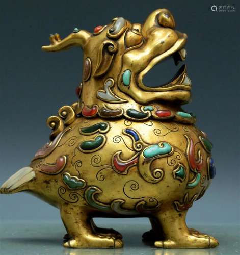 A Marvelous Gilt-Bronze Gem-Inlaid Auspicious Beast-Form Cen...