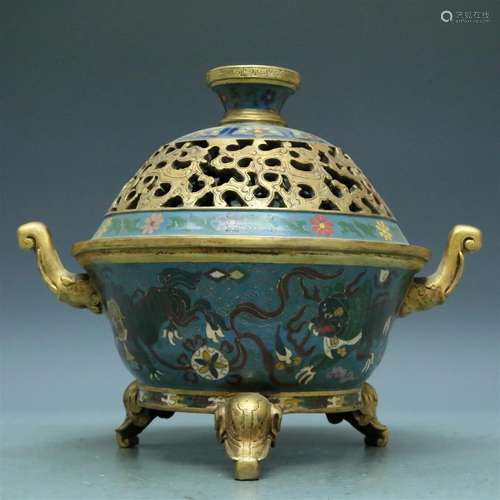 A Wonderful Cloisonne 'Lion' Tripod Censer And Cover