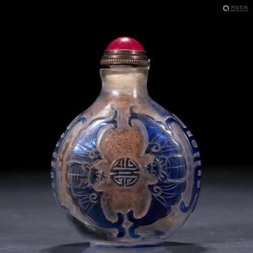 A Blue Overlay White Glass 'Bat' Sunff Bottle