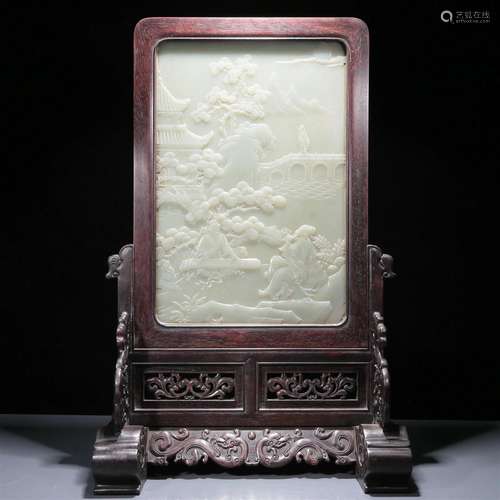 A Fabulous Zitanwood White Jade-Inlaid 'Landscape& F...