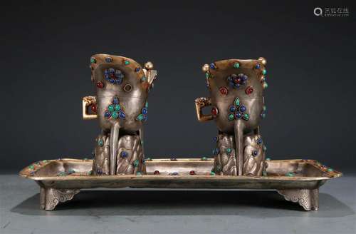 A Wonderful Pair Of Gilt-Bronze Silver Gem-Inlaid Ritual Cup...